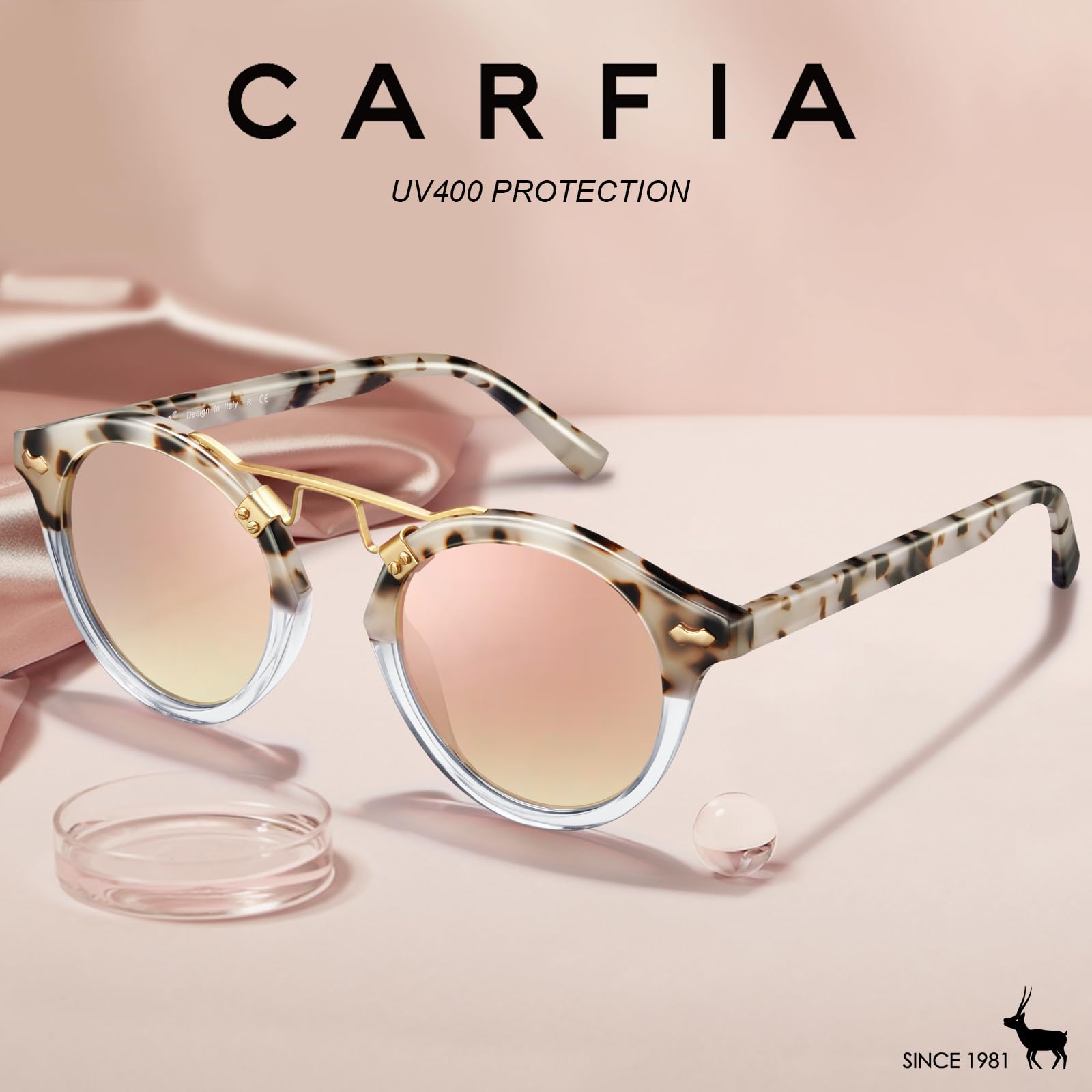 CARFIA Small Pink Mirrored Polarized Sunglasses for Women UV Protection, Acetate Eyewear Double Bridge Metal Brow Sunnies