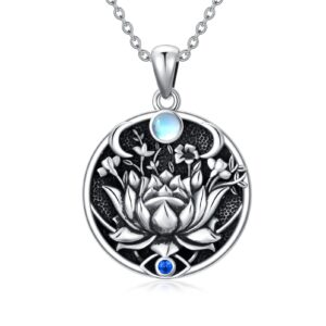 PROESS Lotus Evil Eye Necklace Sterling Silver Evil Eye Pendant Spiritual Protection Charm Moonstone Jewelry Moon Necklace for Women Men