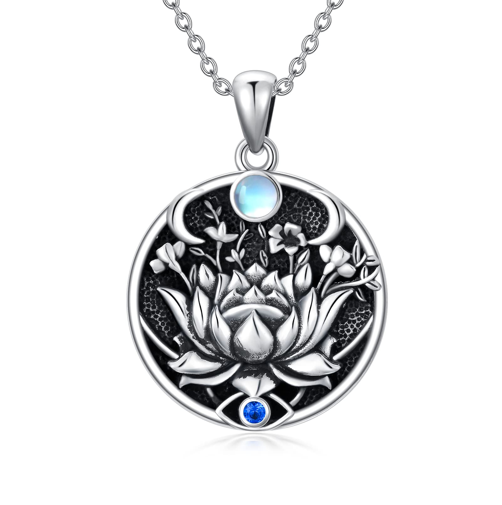 PROESS Lotus Evil Eye Necklace Sterling Silver Evil Eye Pendant Spiritual Protection Charm Moonstone Jewelry Moon Necklace for Women Men