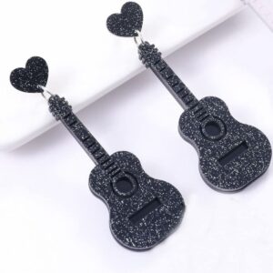 Acrylic Classical Guitar Earrings Retro Renaissance Rock Band Music Guitar Dangle Earrings Punk Style Violin Instrument Drop Earrings Hypoallergenic Lightweight Guitar Earrings for Women (Black)