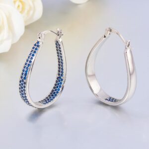 CiNily 925 Sterling Silver Post Big Sapphire Blue Cubic Zirconia Hoop Earrings for Women Large Oval Chunky Hoop Earrings 14K White Gold Plated Gemstone Earrings