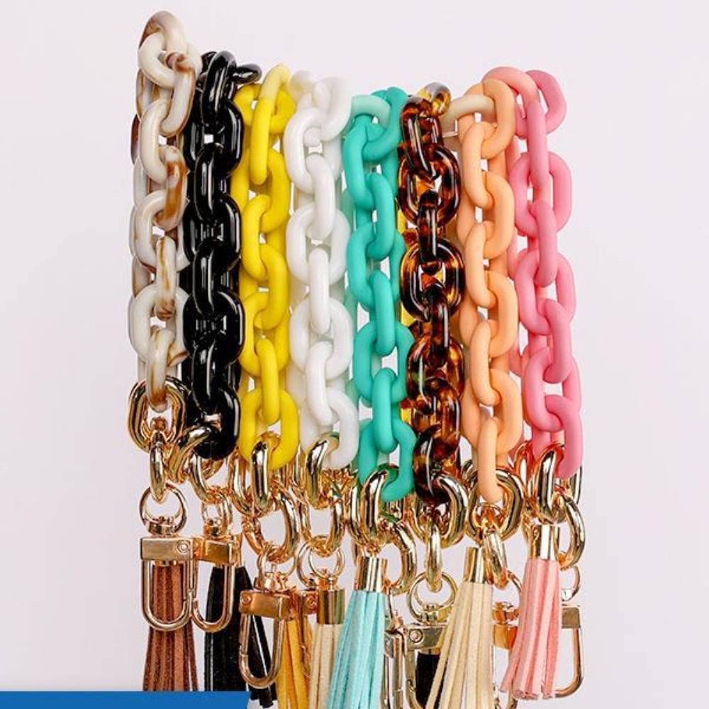 Keychain Wristlet Acrylic Key Chain DIY Handmade Keyring with tassel Bangle Chains-style 3 pink