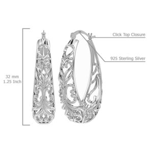 LeCalla Sterling Silver Earring Hoops for Women | Filigree Earrings | 925 Silver Hoop Earrings | Women's Filigree Hoop Earrings | 925 Silver Italian Hoops Earring | Medium Oval Hoops for Women - 32mm