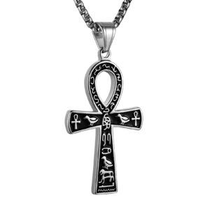 HZMAN Stainless Steel Large Ankh Cross Pendant Ancient Egyptian Hieroglyphic Symbol 22+2 Inch Chain (Silver-Small)