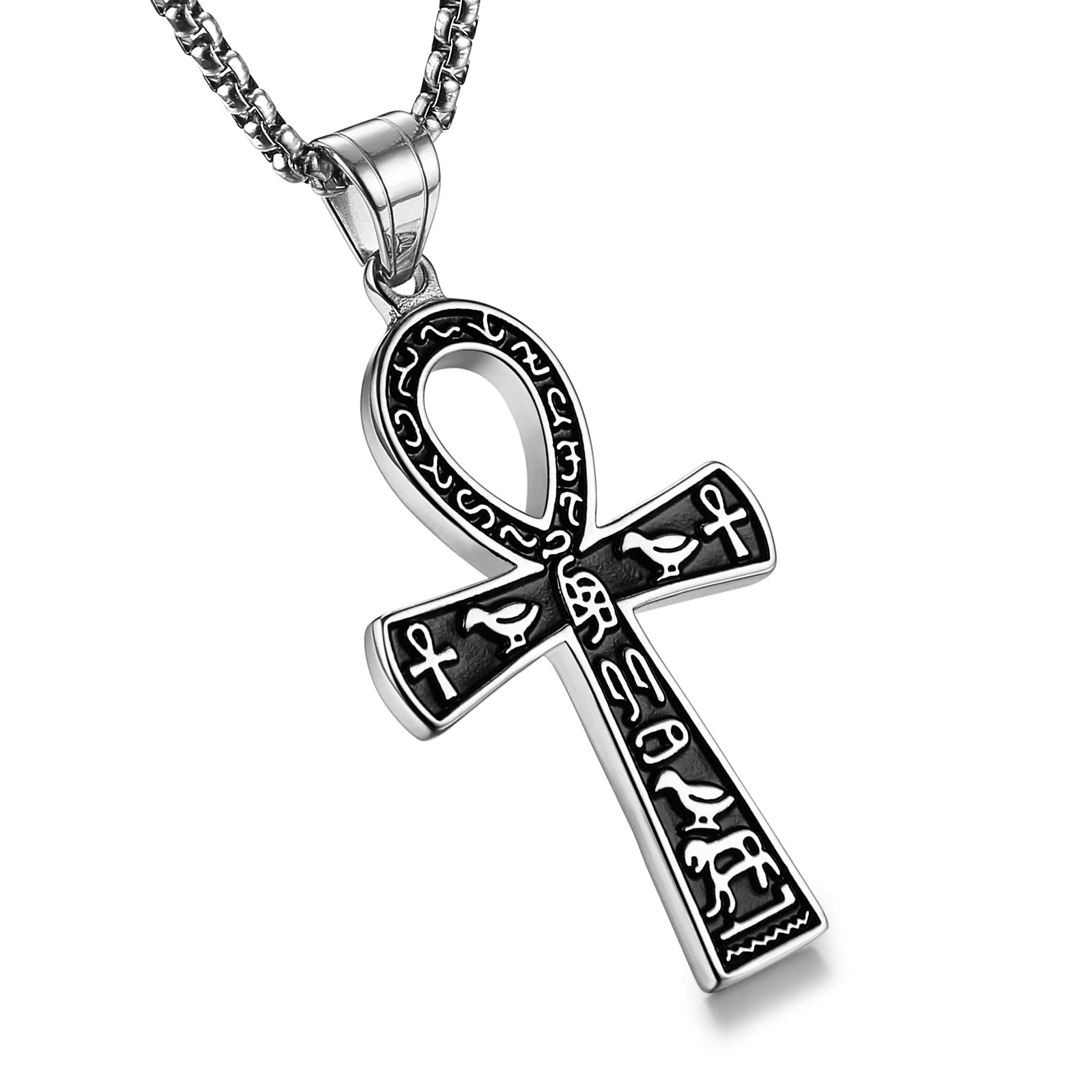 HZMAN Stainless Steel Large Ankh Cross Pendant Ancient Egyptian Hieroglyphic Symbol 22+2 Inch Chain (Silver-Small)