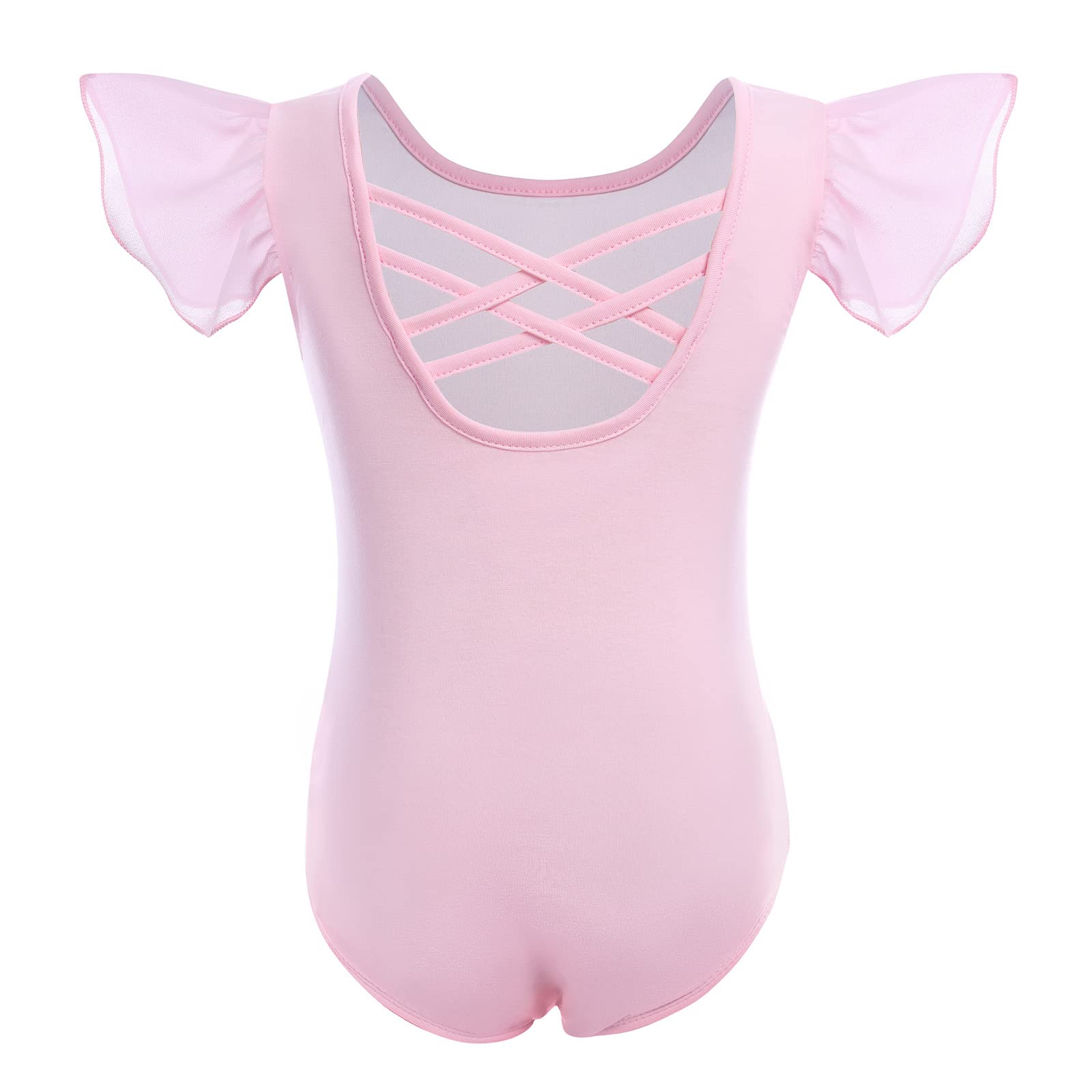 Gymnastics Leotards for Girls Toddler Ballet Leotard 4 Colors Ruffle Sleeve Kids Dance Leotards Crisscross Back Bodysuit High Elastic Ballerina Costume Crew Neck Biketards Outfit Pink 6-7 Years