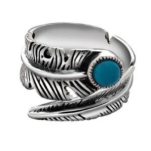 jadeangel adjustable turquoise ring 925 sterling silver feather ring vintage thai silver boho jewelry for women men-fit size 6 to 8.5