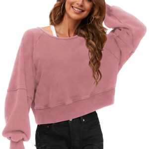 ReachMe Womens Open Back Sweatshirts Crop Backless Long Sleeve Shirts Off the Shoulder Crewneck Workout Tops(Nude,M)