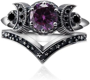 fuqimanman2020 wicca pagan triple moon godness band ring set purple crystal cresent for women wedding engagement promise jewelry-9