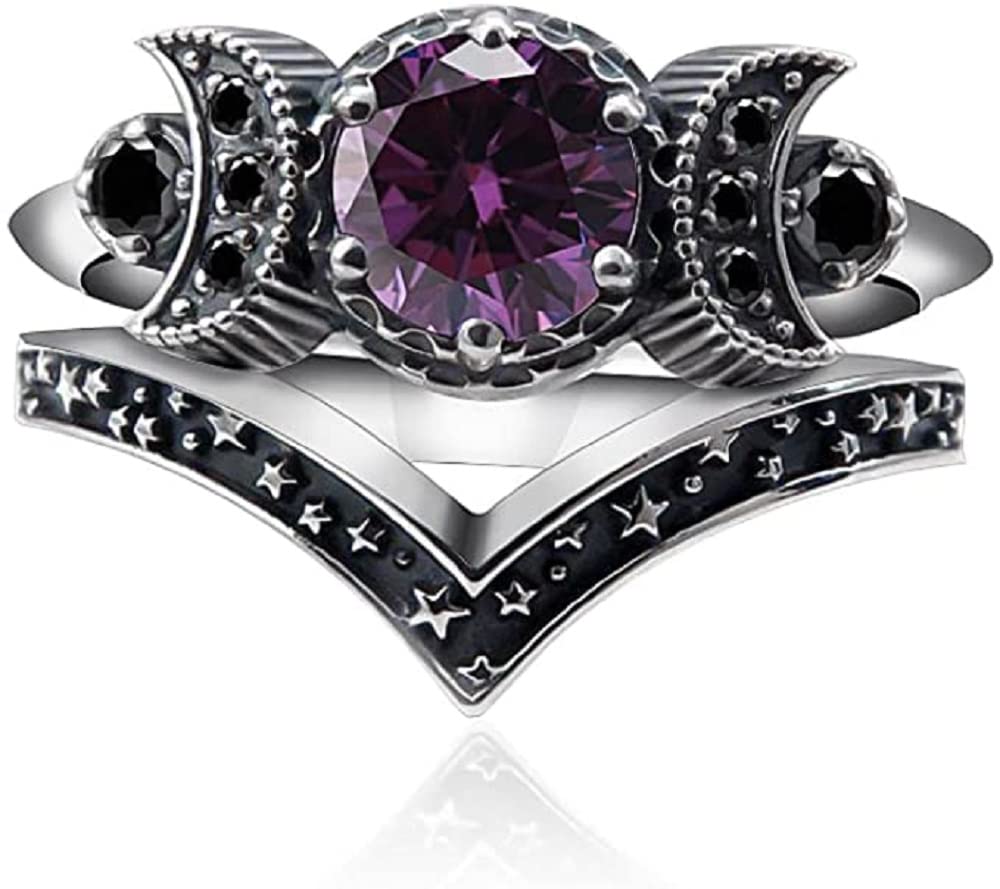 Fuqimanman2020 Wicca Pagan Triple Moon Godness Band Ring Set Purple Crystal Cresent for Women Wedding Engagement Promise Jewelry-9