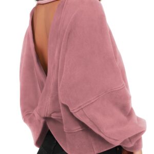 ReachMe Womens Open Back Sweatshirts Crop Backless Long Sleeve Shirts Off the Shoulder Crewneck Workout Tops(Nude,M)