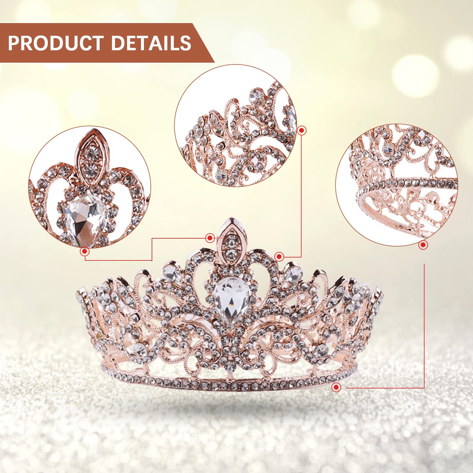 Crown Cake Topper Crystal Quinceanera Crown Princess Tiara for Women and Girls Decoration for Wedding Birthday Baby Shower Bride Hair accessories (Rose Gold)