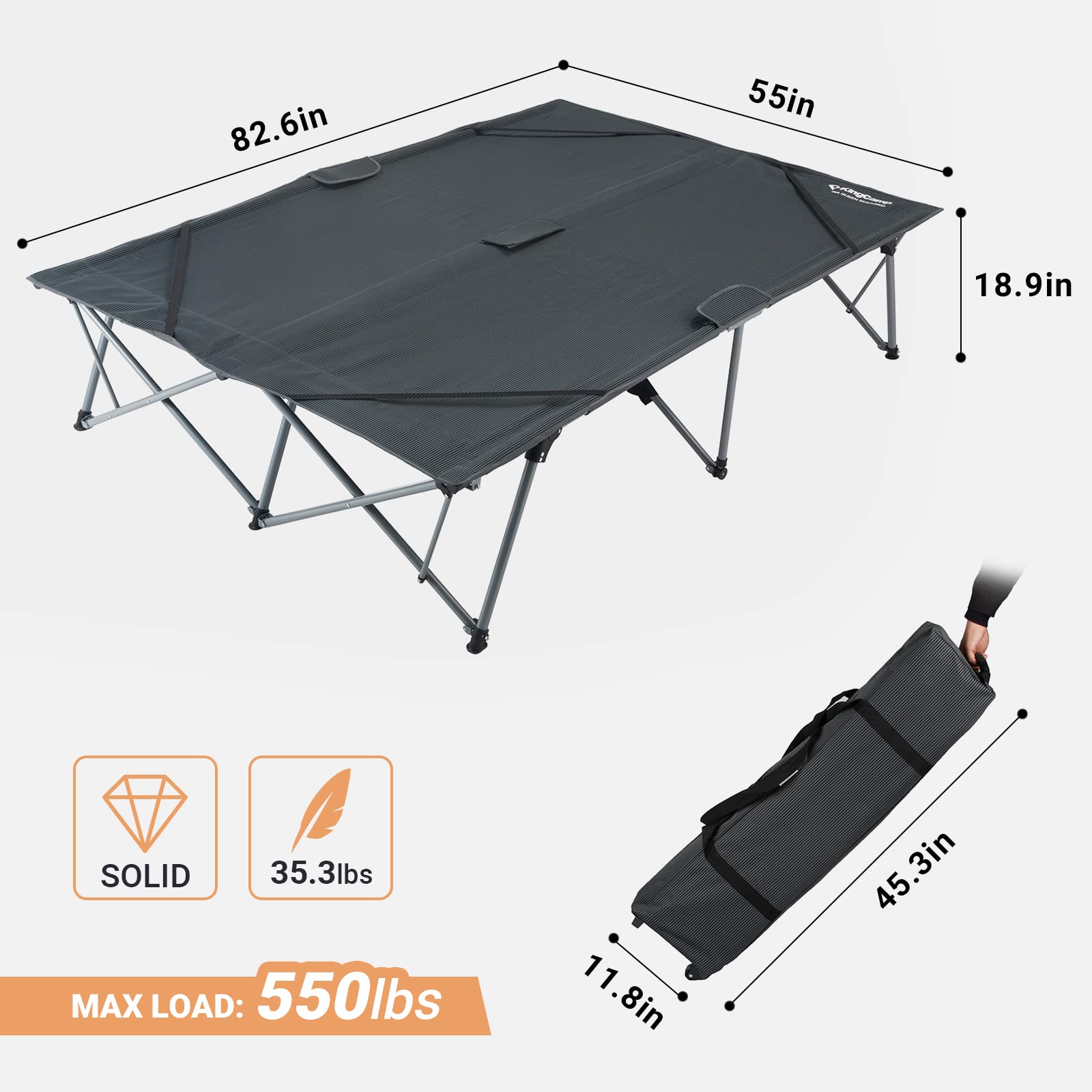 KingCamp Folding Camping Cot Adjustable Heavy Duty Outdoor Oversized Adult Wide, 84.6''x 55.1''x18.9'', Grey-double