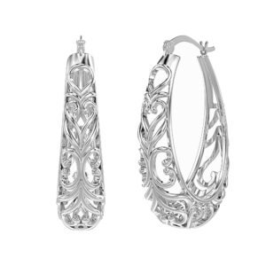 lecalla sterling silver earring hoops for women | filigree earrings | 925 silver hoop earrings | women's filigree hoop earrings | 925 silver italian hoops earring | medium oval hoops for women - 32mm