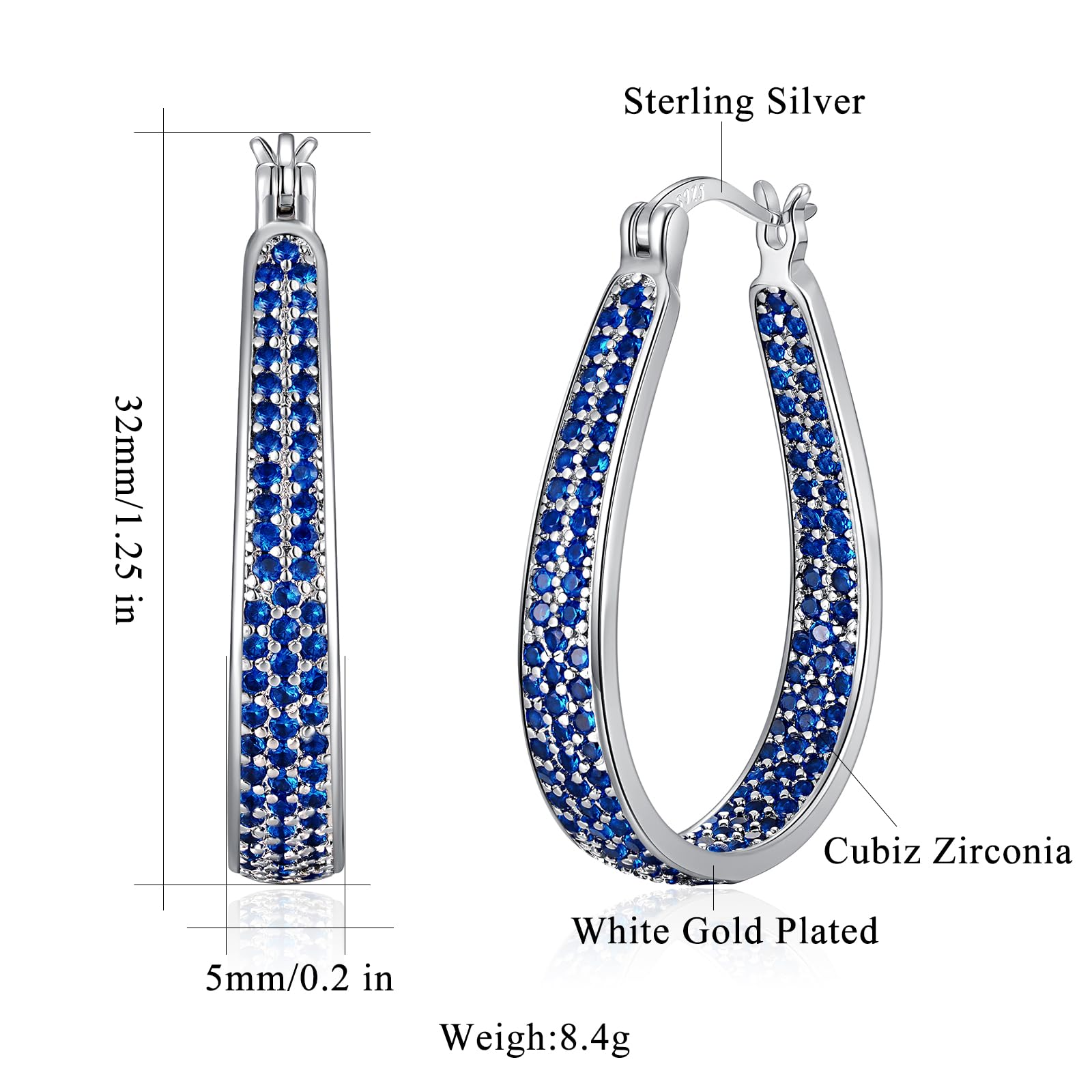 CiNily 925 Sterling Silver Post Big Sapphire Blue Cubic Zirconia Hoop Earrings for Women Large Oval Chunky Hoop Earrings 14K White Gold Plated Gemstone Earrings