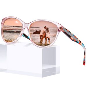 carfia pink mirrored cateye sunglasses for women polarized uv protection, handcrafted acetate frame with embossed wire core