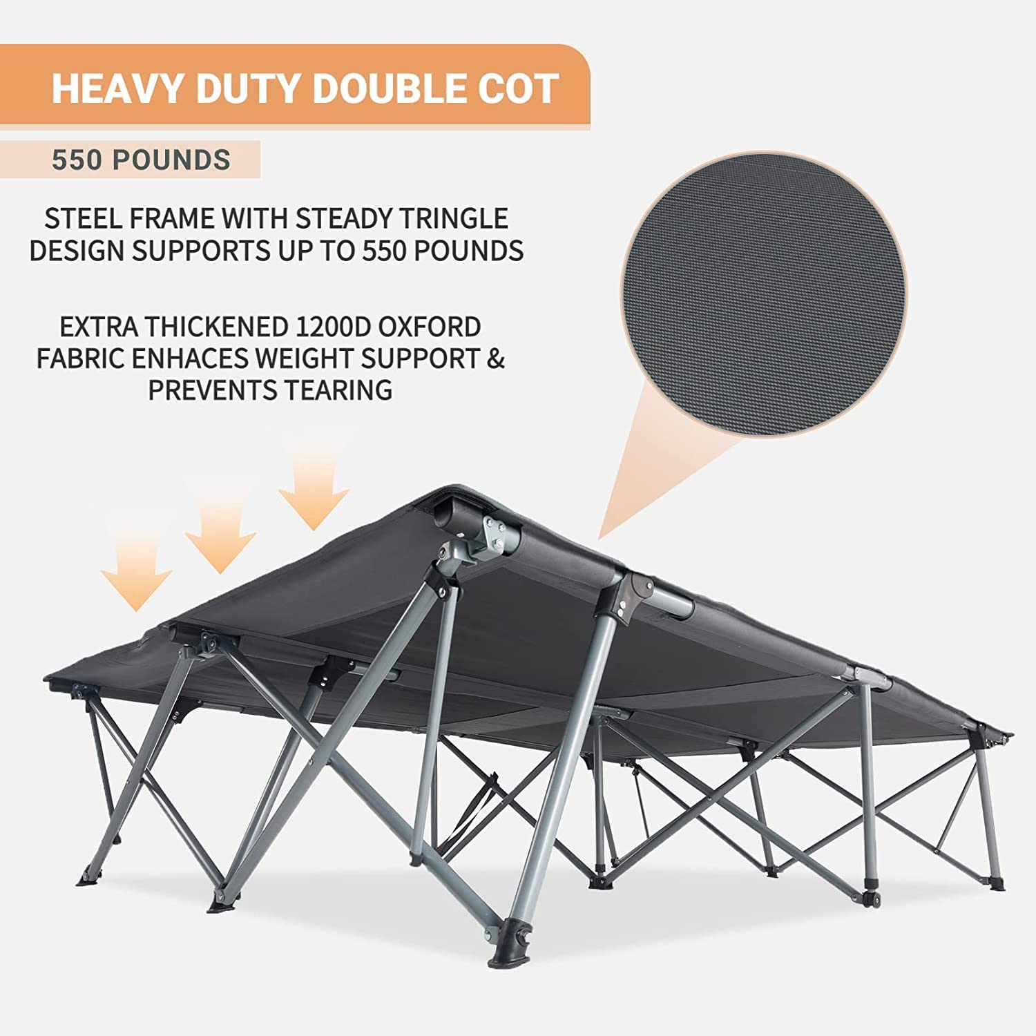 KingCamp Folding Camping Cot Adjustable Heavy Duty Outdoor Oversized Adult Wide, 84.6''x 55.1''x18.9'', Grey-double