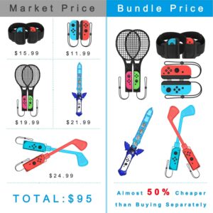 Uxilep Switch Sports Game Accessories - 9 in 1 Family Bundle Accessory Kit for Nintendo Switch / OLED Sport Games : Mario Golf Super Rush,Wrist & Leg Strap for Joycon,Sword and Mario Tennis aces