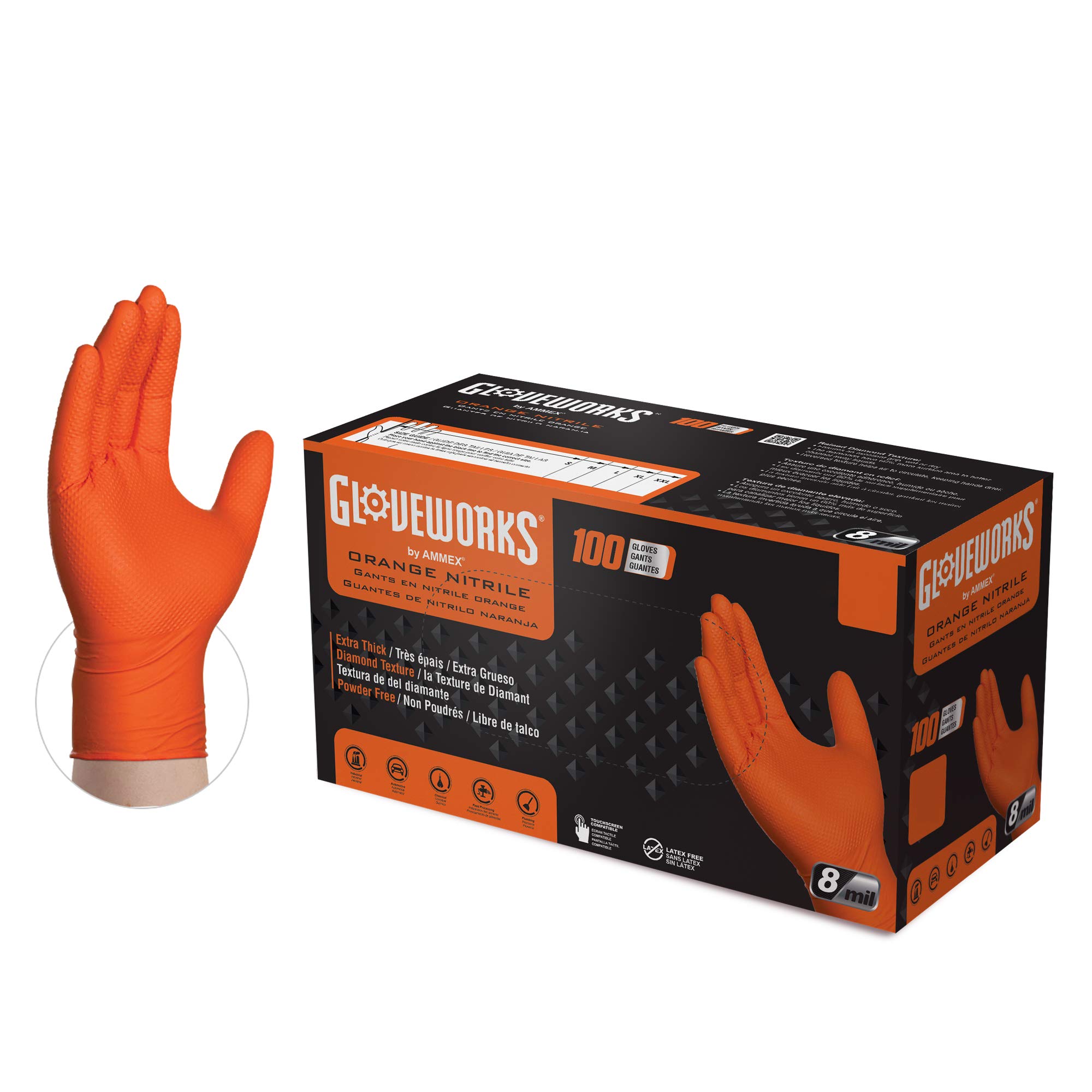 GLOVEWORKS HD Orange & Green Nitrile Disposable Gloves, 8 Mil, Latex-Free, Diamond Texture, Large, 1 Box of 100 Per Color