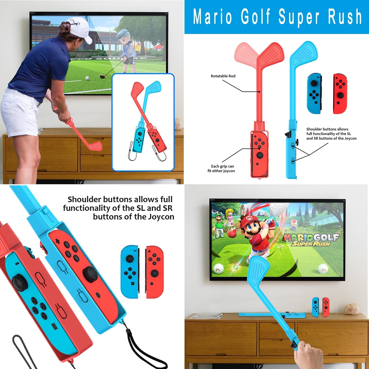 Uxilep Switch Sports Game Accessories - 9 in 1 Family Bundle Accessory Kit for Nintendo Switch / OLED Sport Games : Mario Golf Super Rush,Wrist & Leg Strap for Joycon,Sword and Mario Tennis aces