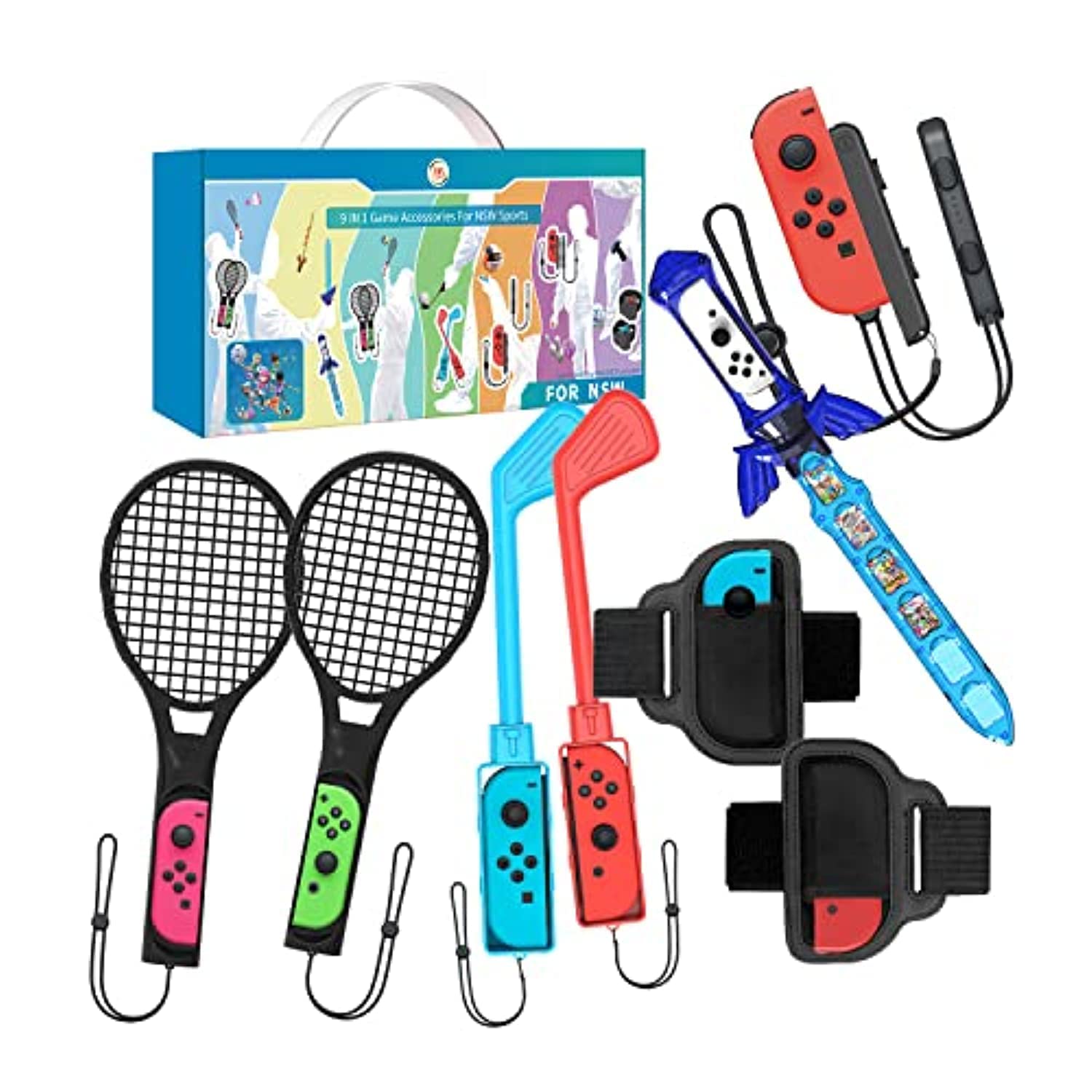 Uxilep Switch Sports Game Accessories - 9 in 1 Family Bundle Accessory Kit for Nintendo Switch / OLED Sport Games : Mario Golf Super Rush,Wrist & Leg Strap for Joycon,Sword and Mario Tennis aces