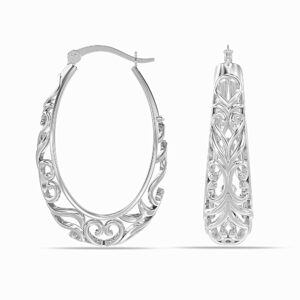 LeCalla Sterling Silver Earring Hoops for Women | Filigree Earrings | 925 Silver Hoop Earrings | Women's Filigree Hoop Earrings | 925 Silver Italian Hoops Earring | Medium Oval Hoops for Women - 32mm