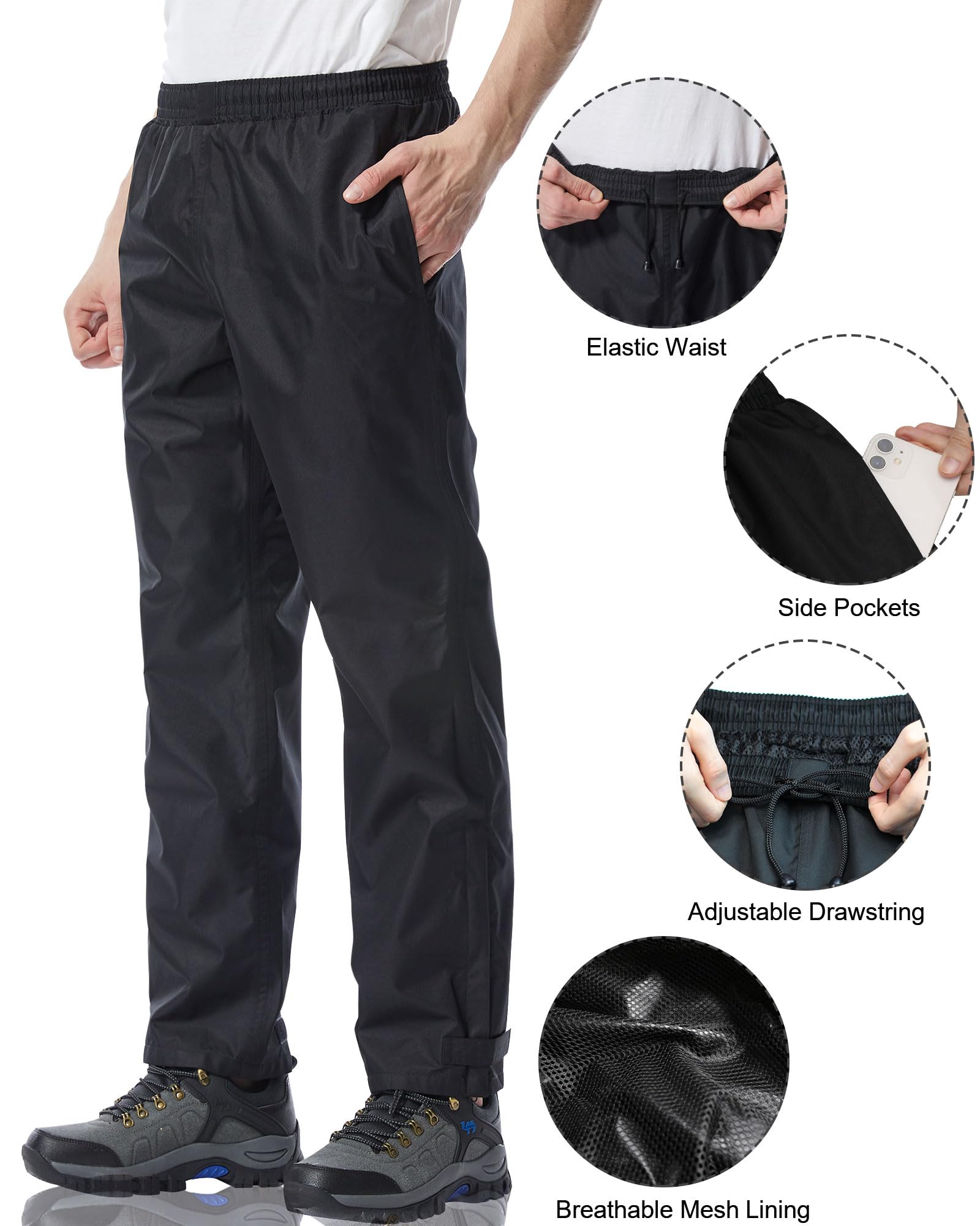 iCreek Men's Rain Pants Waterproof Over Pants Windproof Lightweight Hiking Pants Work Rain Outdoor for Golf, Fishing (Black, Medium/28 Inseam)