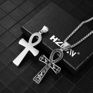 HZMAN Stainless Steel Large Ankh Cross Pendant Ancient Egyptian Hieroglyphic Symbol 22+2 Inch Chain (Silver-Small)