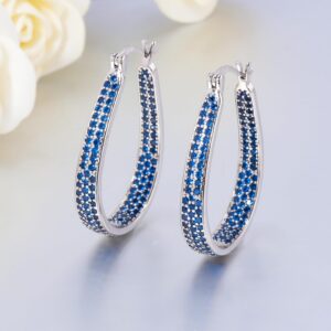 CiNily 925 Sterling Silver Post Big Sapphire Blue Cubic Zirconia Hoop Earrings for Women Large Oval Chunky Hoop Earrings 14K White Gold Plated Gemstone Earrings