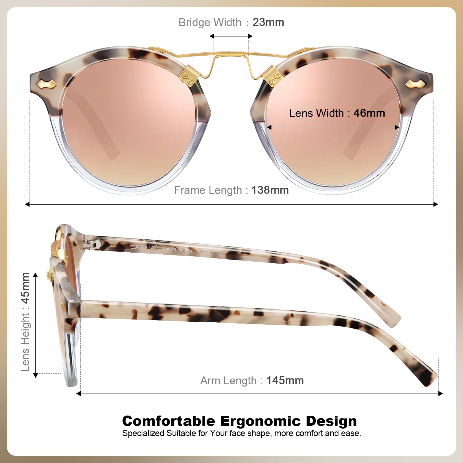 CARFIA Small Pink Mirrored Polarized Sunglasses for Women UV Protection, Acetate Eyewear Double Bridge Metal Brow Sunnies