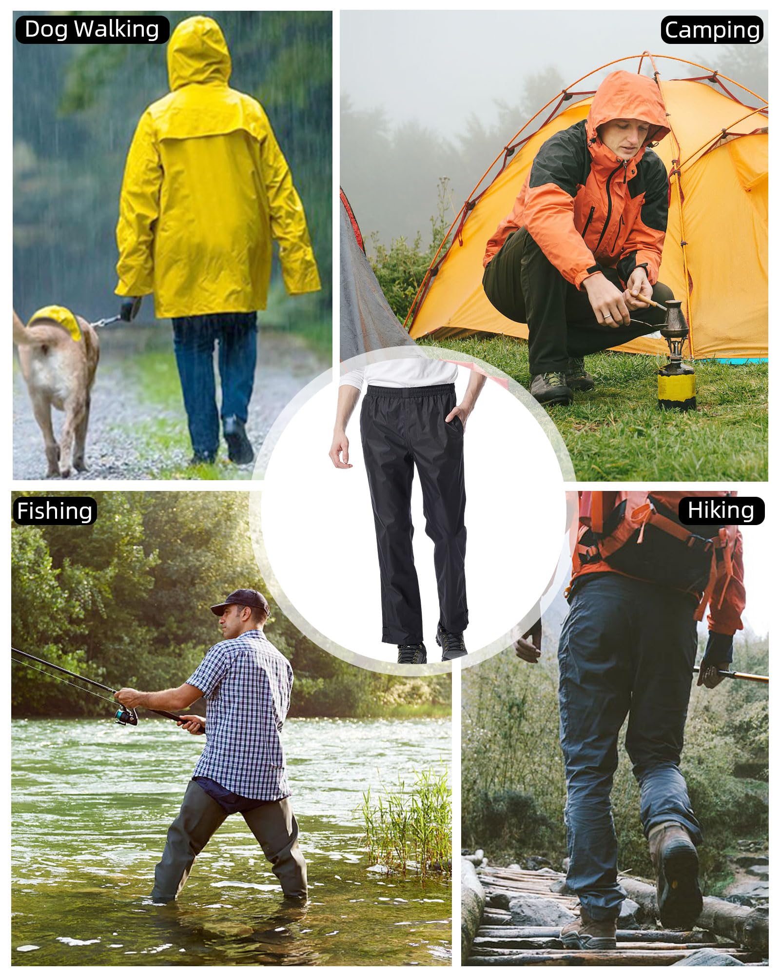 iCreek Men's Rain Pants Waterproof Over Pants Windproof Lightweight Hiking Pants Work Rain Outdoor for Golf, Fishing (Black, Medium/28 Inseam)