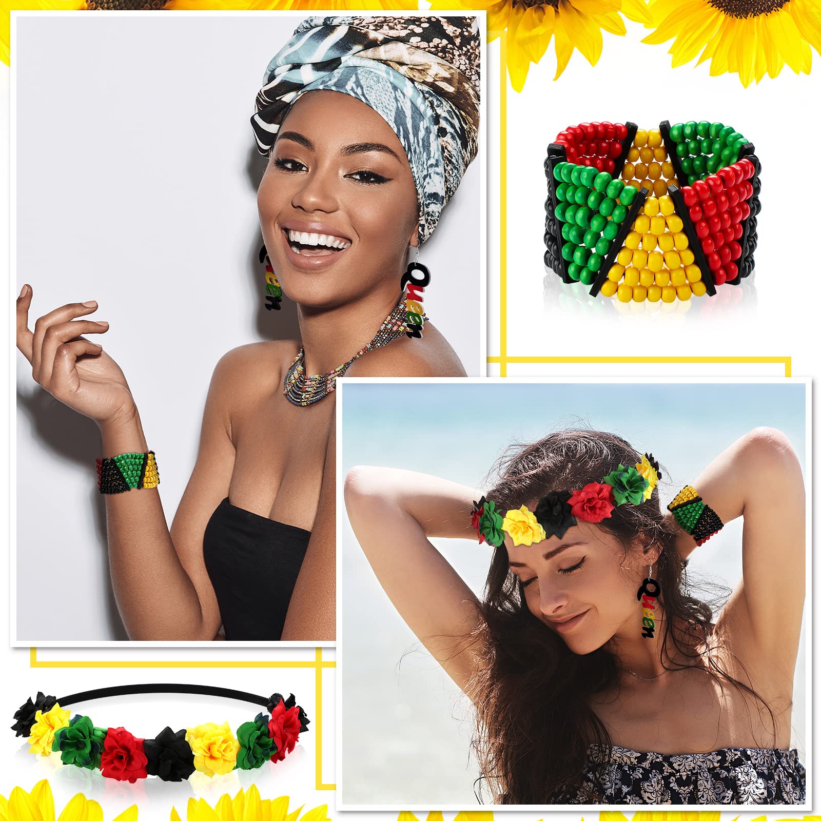 Hanaive 3 Pcs Jamaica African Jewelry Sets for Women Wood Dangle Earrings Jamaican Bracelets Stretchy Headband Accessories for Kids Girls