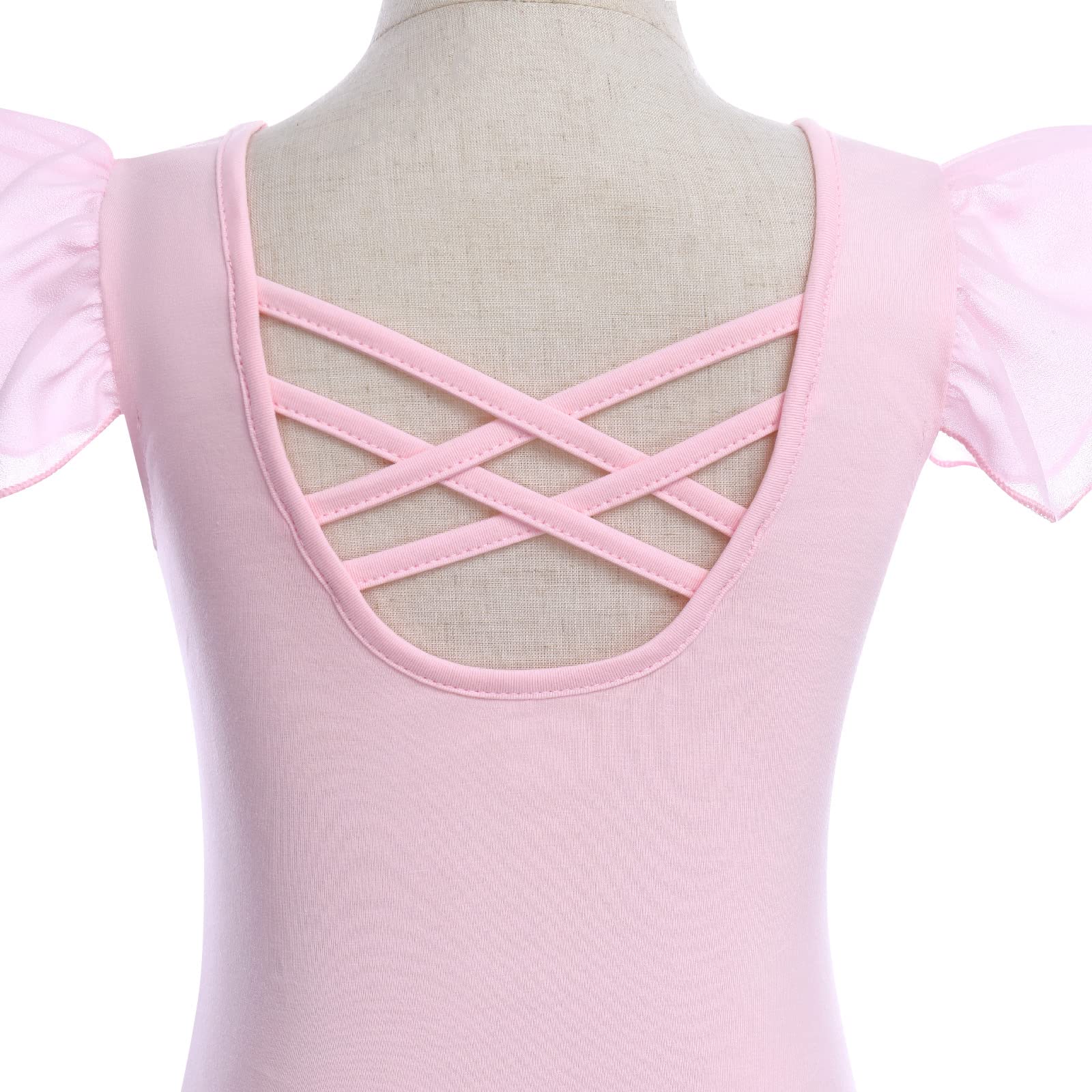 Gymnastics Leotards for Girls Toddler Ballet Leotard 4 Colors Ruffle Sleeve Kids Dance Leotards Crisscross Back Bodysuit High Elastic Ballerina Costume Crew Neck Biketards Outfit Pink 6-7 Years