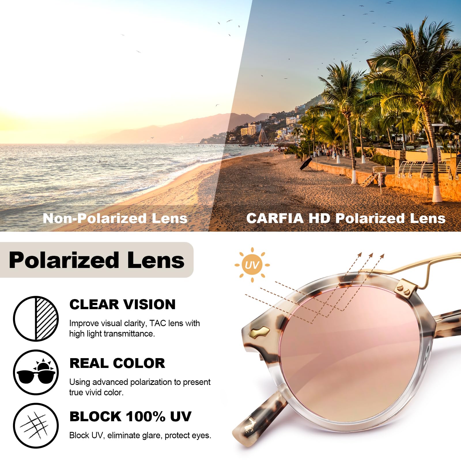 CARFIA Small Pink Mirrored Polarized Sunglasses for Women UV Protection, Acetate Eyewear Double Bridge Metal Brow Sunnies