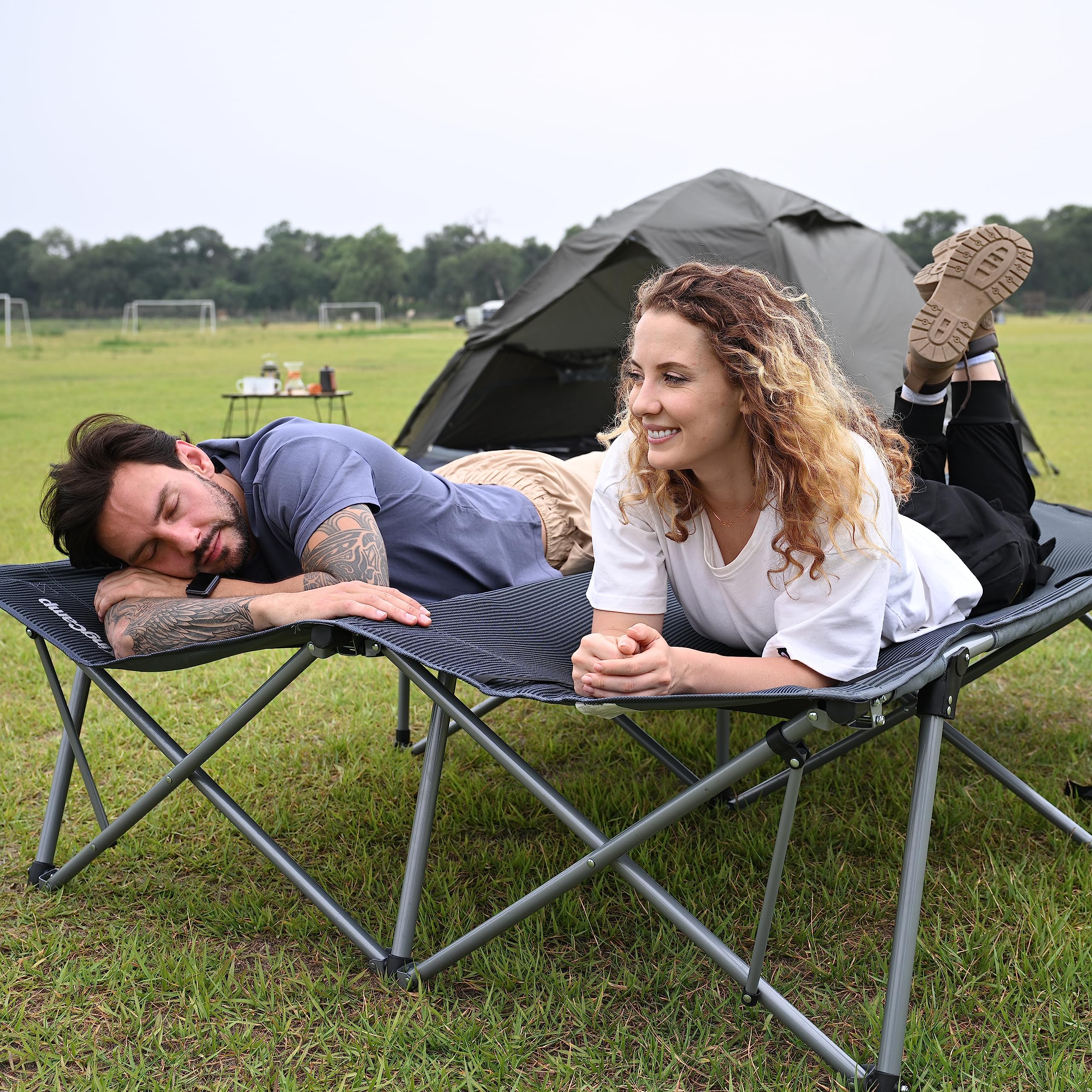 KingCamp Folding Camping Cot Adjustable Heavy Duty Outdoor Oversized Adult Wide, 84.6''x 55.1''x18.9'', Grey-double