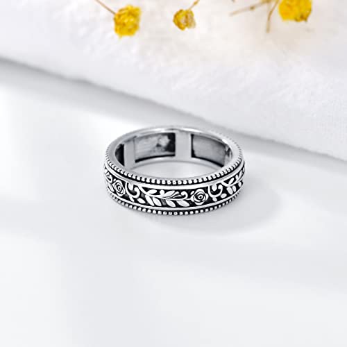 PROESS Rose Spinner Ring 925 Sterling Silver Fidget Anxiety Ring Thumb Ring Stress Relief Ring Rose Leaves Ring Jewelry Size 8 for Birthday Christmas for Women Men