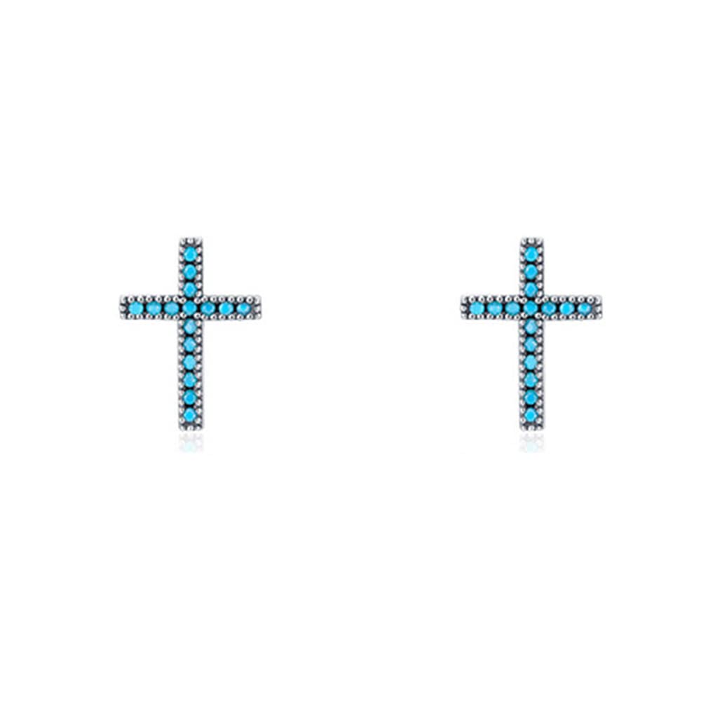 Turquoise Cross Tiny Stud Earrings 925 Sterling Silver Blue Stone CZ Cartilage Tragus Earring Sleeper Statement Stud Faith Ear Piercing Jewelry Gifts for Women