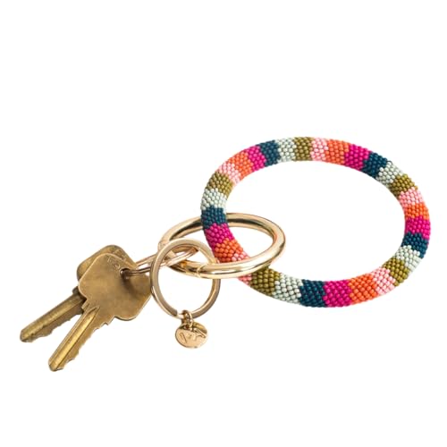 INK + ALLOY Women's Chloe Beaded Key Ring and Bracelet Handmade Jewelry for the Modern Bohemian (Pink Citron Peacock Stripes)