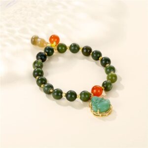 COLORFUL BLING Lucky Laughing Buddha Charm Pendant Strand Bracelet Jade Natural Stone Beaded Cubic Zirconia Elastic Stretch Bangle for Women Men Gemstone Amulet Protection Jewelry-Green