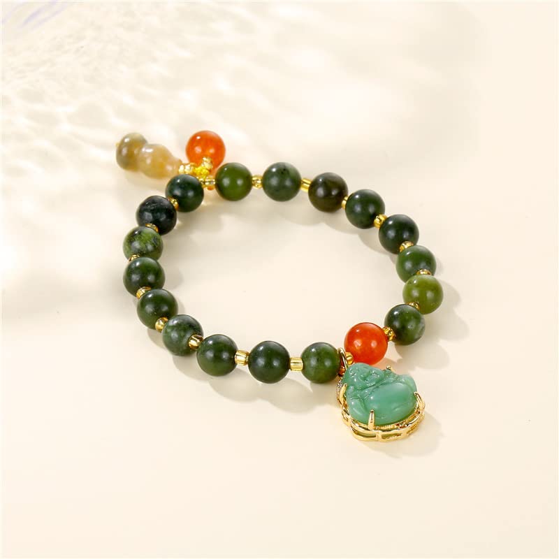 Fuqimanman2020 Laughing Buddha Pendant Stretch Bracelet Jade Natural Stone Beaded Strand Cubic Zirconia Crystal Elastic Lucky Gemstone Amulet Protection Jewelry for Women Men-B