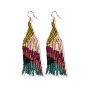 ink+alloy boho beaded earrings for women dangling, lennon seed bead medium fringe dangle earrings, handmade jewelry for the modern bohemian, 3.25-inch length (muted geometric)