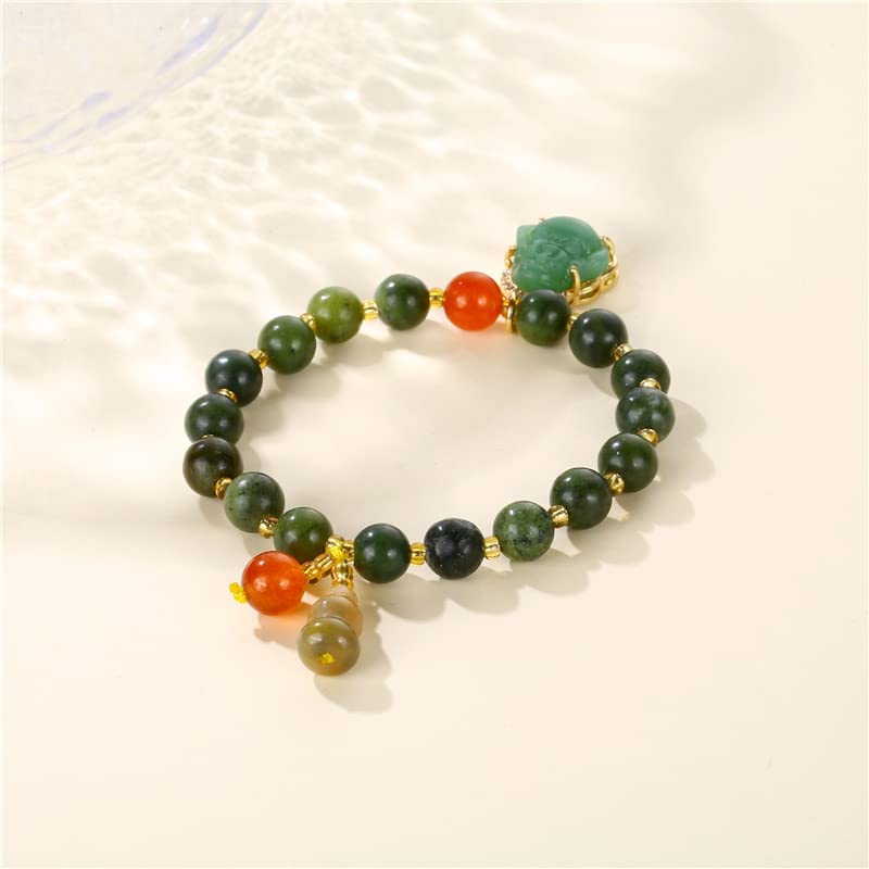 COLORFUL BLING Lucky Laughing Buddha Charm Pendant Strand Bracelet Jade Natural Stone Beaded Cubic Zirconia Elastic Stretch Bangle for Women Men Gemstone Amulet Protection Jewelry-Green