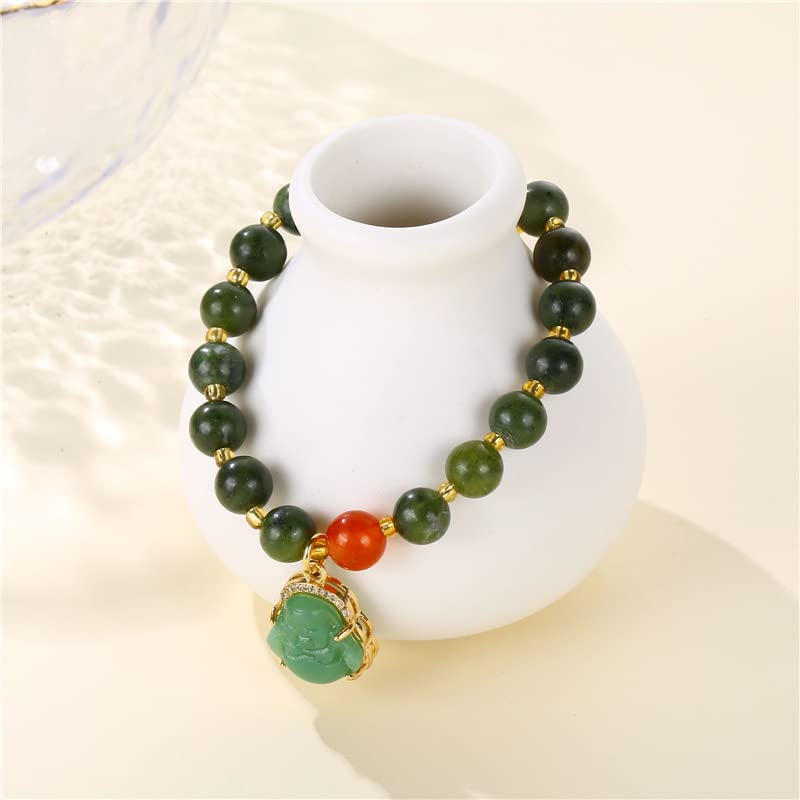 COLORFUL BLING Lucky Laughing Buddha Charm Pendant Strand Bracelet Jade Natural Stone Beaded Cubic Zirconia Elastic Stretch Bangle for Women Men Gemstone Amulet Protection Jewelry-Green