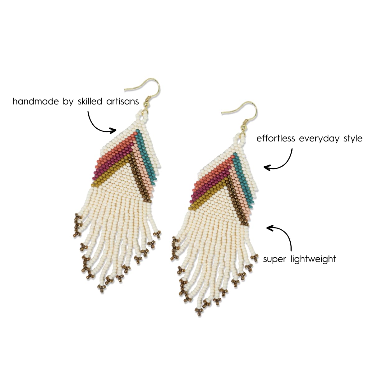 INK+ALLOY Women's Fringe Seed Bead Dangle Earrings Handmade Jewelry for the Modern Bohemian (Ivory Gold Muted Chevron)