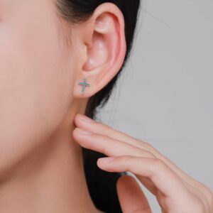 Turquoise Cross Tiny Stud Earrings 925 Sterling Silver Blue Stone CZ Cartilage Tragus Earring Sleeper Statement Stud Faith Ear Piercing Jewelry Gifts for Women