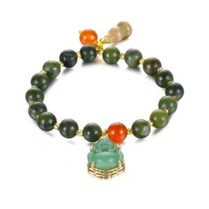 COLORFUL BLING Lucky Laughing Buddha Charm Pendant Strand Bracelet Jade Natural Stone Beaded Cubic Zirconia Elastic Stretch Bangle for Women Men Gemstone Amulet Protection Jewelry-Green