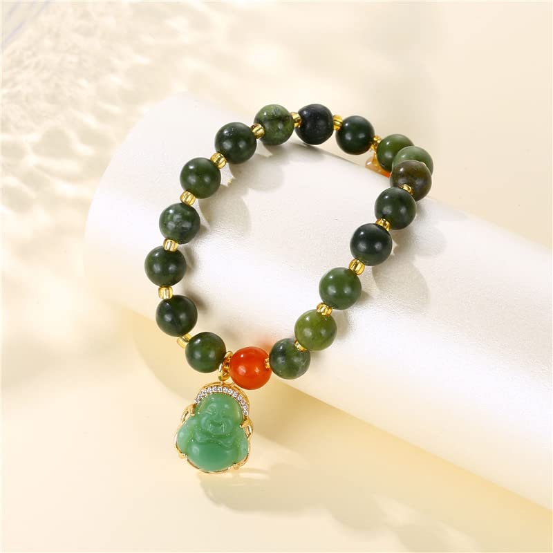 COLORFUL BLING Lucky Laughing Buddha Charm Pendant Strand Bracelet Jade Natural Stone Beaded Cubic Zirconia Elastic Stretch Bangle for Women Men Gemstone Amulet Protection Jewelry-Green