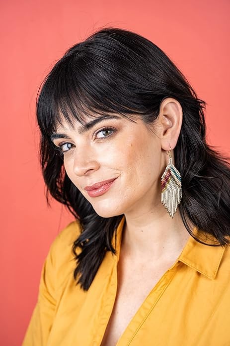 INK+ALLOY Women's Fringe Seed Bead Dangle Earrings Handmade Jewelry for the Modern Bohemian (Ivory Gold Muted Chevron)