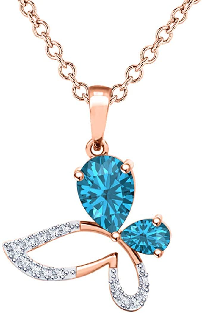 JewelsCart 1.50 CT Pear Shape Gemstone 14K Rose Gold Over Butterfly Pendant Necklace For Women's