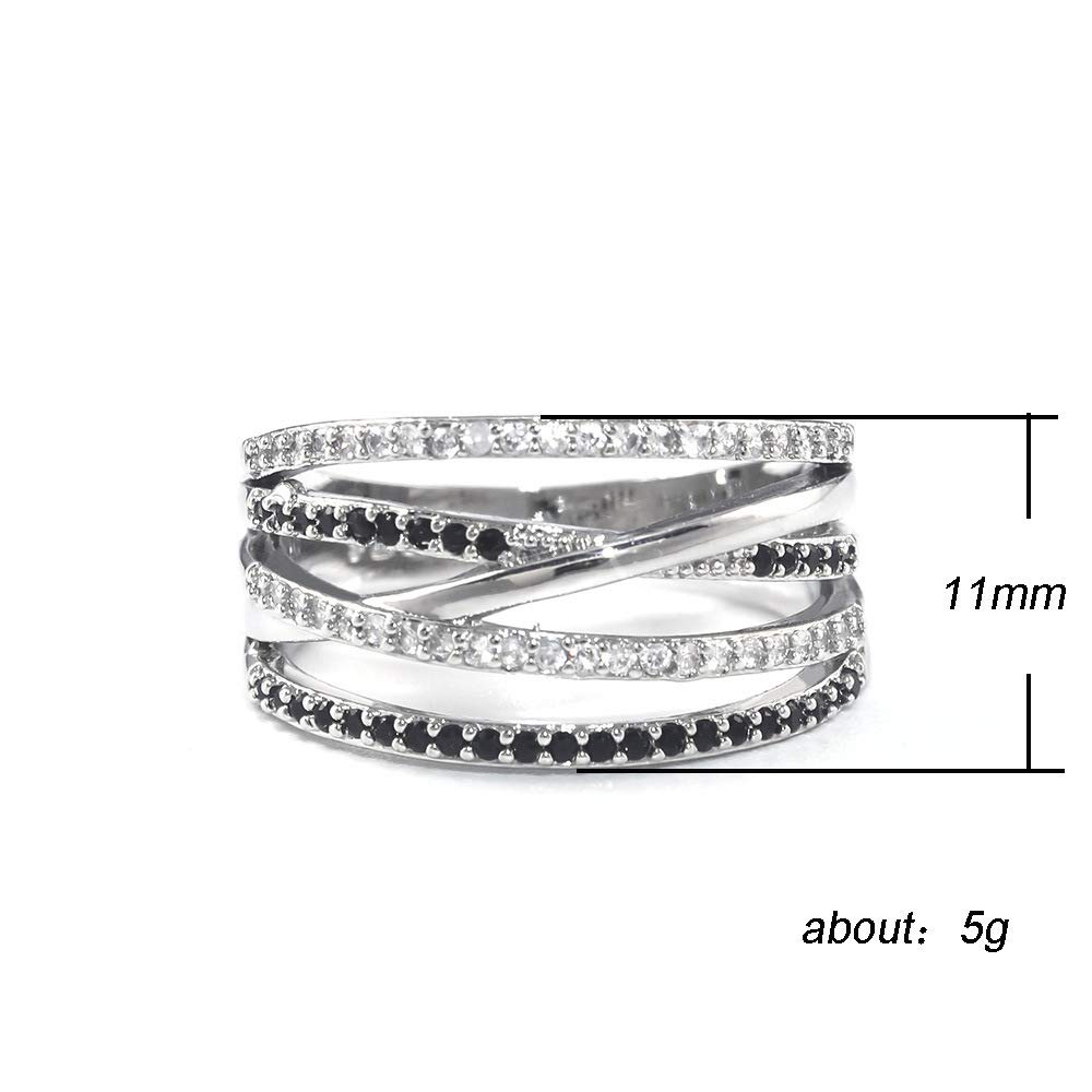 SSZUKOOU 925 Silver Jewelry Black & White Sapphire Two Tone Black and White Pave Cubic Zirconia CZ Criss-Cross Crystal Belt Design Band Ring Eternity Wedding Bridal Jewelry Gifts Women (US 7)